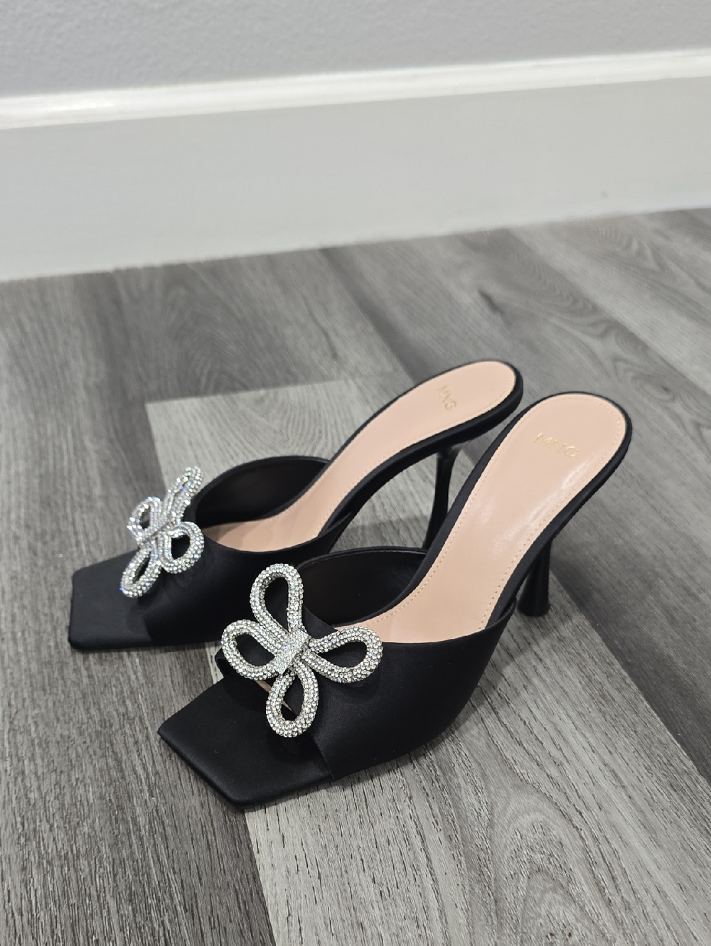 Mango Black Satin Mule Heels with Crystal Bow